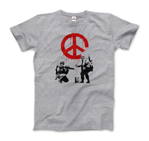 Banksy - Soldiers Painting Peace Symbol 2006 Artwork T - Shirt - Men (Unisex) / Heather Grey / S - T - Shirt