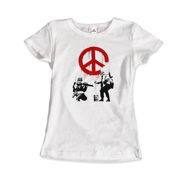 Banksy - Soldiers Painting Peace Symbol 2006 Artwork T - Shirt - Women (Fitted) / White / S - T - Shirt