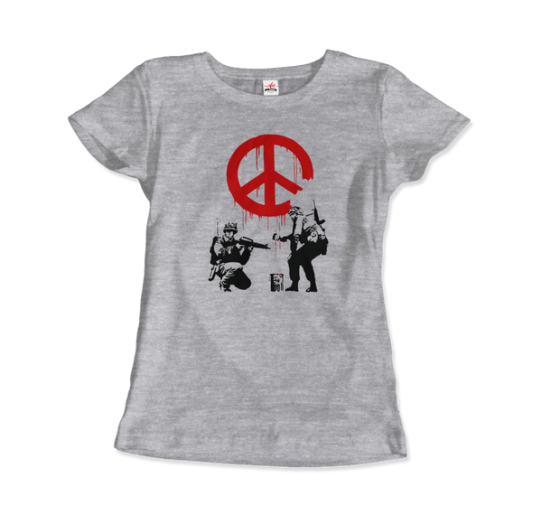 Banksy - Soldiers Painting Peace Symbol 2006 Artwork T - Shirt - Women (Fitted) / Heather Grey / S - T - Shirt