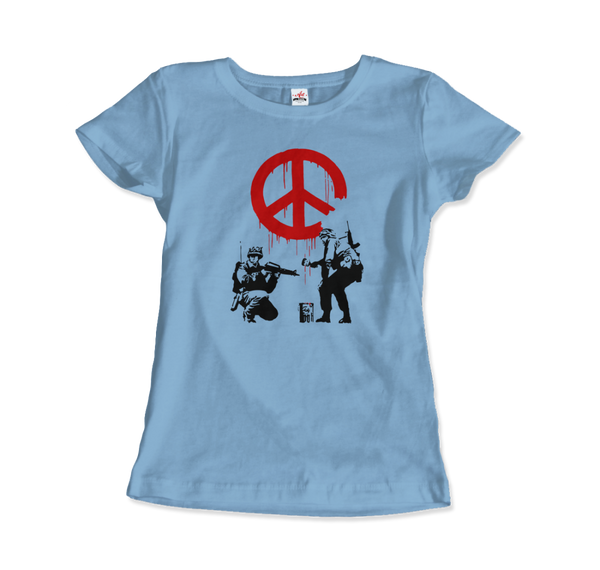 Banksy - Soldiers Painting Peace Symbol 2006 Artwork T - Shirt - Women (Fitted) / Light Blue / S - T - Shirt