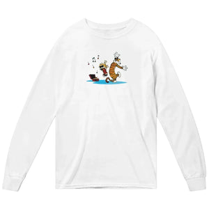 Calvin and Hobbes Dancing with Record Player Long Sleeve Shirt - White / Small - Long Sleeve Shirt