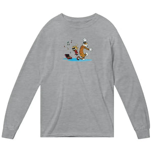 Calvin and Hobbes Dancing with Record Player Long Sleeve Shirt - Heather Grey / Small - Long Sleeve Shirt