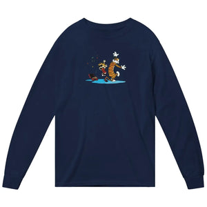 Calvin and Hobbes Dancing with Record Player Long Sleeve Shirt - Navy / Small - Long Sleeve Shirt