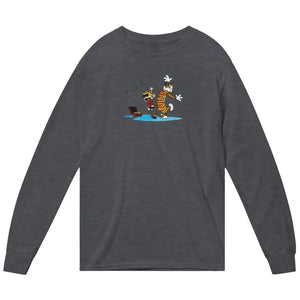 Calvin and Hobbes Dancing with Record Player Long Sleeve Shirt - Dark Heather / Small - Long Sleeve Shirt