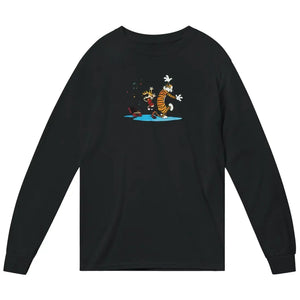 Calvin and Hobbes Dancing with Record Player Long Sleeve Shirt - Black / Small - Long Sleeve Shirt
