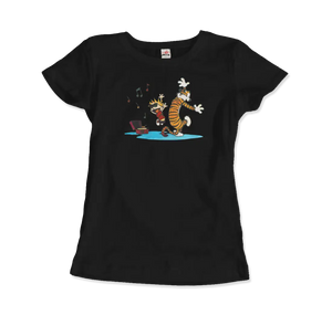 Calvin and Hobbes Dancing with Record Player T-shirt - Women (fitted) / Black / s - T-shirt