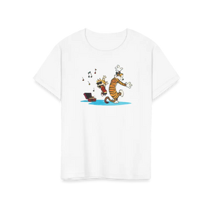 Calvin and Hobbes Dancing with Record Player T-shirt - Youth / White / s - T-shirt