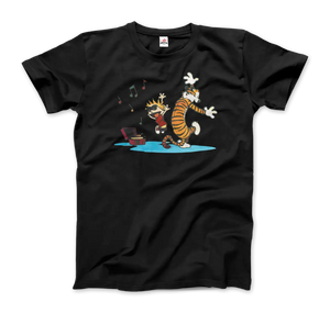 Calvin and Hobbes Dancing with Record Player T-shirt - Men (unisex) / Black / s - T-shirt