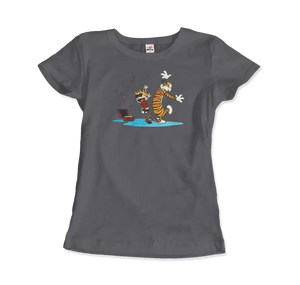 Calvin and Hobbes Dancing with Record Player T-shirt - Women (fitted) / Charcoal / s - T-shirt