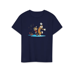 Calvin and Hobbes Dancing with Record Player T-shirt - Youth / Navy / s - T-shirt