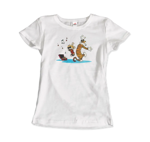 Calvin and Hobbes Dancing with Record Player T-shirt - Women (fitted) / White / s - T-shirt