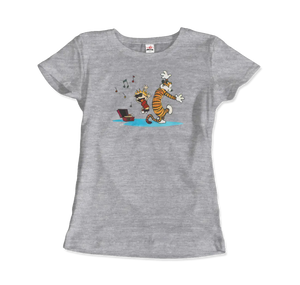 Calvin and Hobbes Dancing with Record Player T-shirt - Women (fitted) / Heather Grey / s - T-shirt