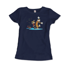 Calvin and Hobbes Dancing with Record Player T-shirt - Women (fitted) / Navy / s - T-shirt