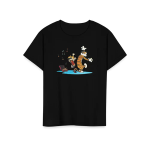 Calvin and Hobbes Dancing with Record Player T-shirt - Youth / Black / s - T-shirt