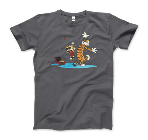 Calvin and Hobbes Dancing with Record Player T-shirt - Men (unisex) / Charcoal / s - T-shirt