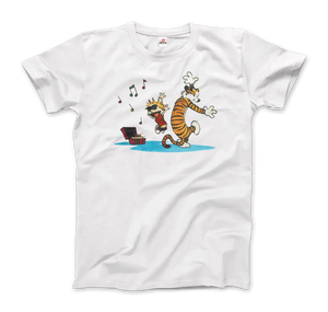 Calvin and Hobbes Dancing with Record Player T-shirt - Men (unisex) / White / s - T-shirt