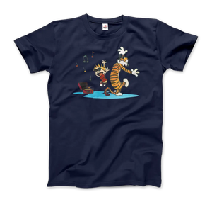 Calvin and Hobbes Dancing with Record Player T-shirt - Men (unisex) / Navy / s - T-shirt