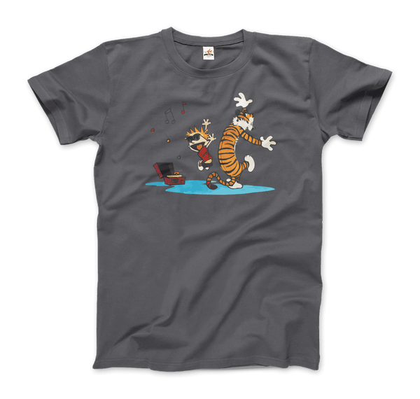 Calvin and Hobbes Dancing with Record Player T-Shirt - Men / Charcoal / Small by Art-O-Rama