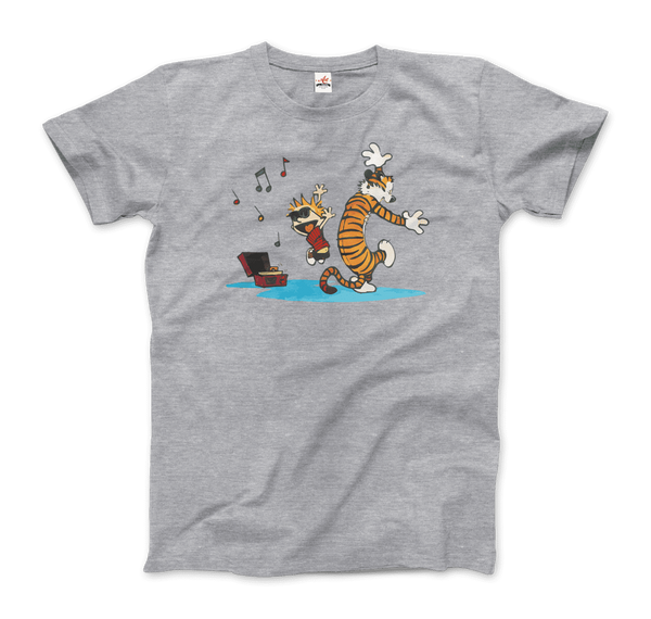 Camiseta de Calvin y Hobbes bailando con tocadiscos