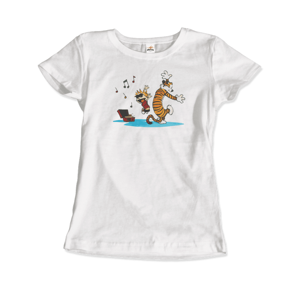 Calvin and Hobbes Dancing with Record Player T-Shirt - Women / White / Small by Art-O-Rama