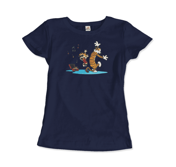 Calvin and Hobbes Dancing with Record Player T-Shirt - Women / Navy / Small by Art-O-Rama