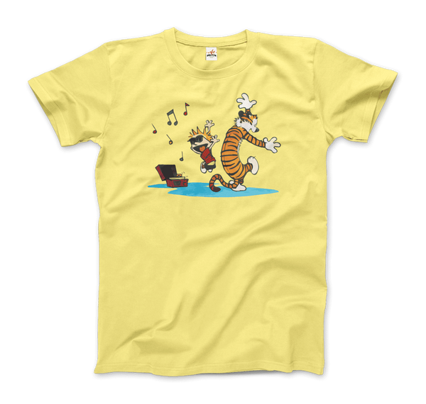 Calvin and Hobbes Dancing with Record Player T-Shirt - Men / Spring Yellow / Small by Art-O-Rama