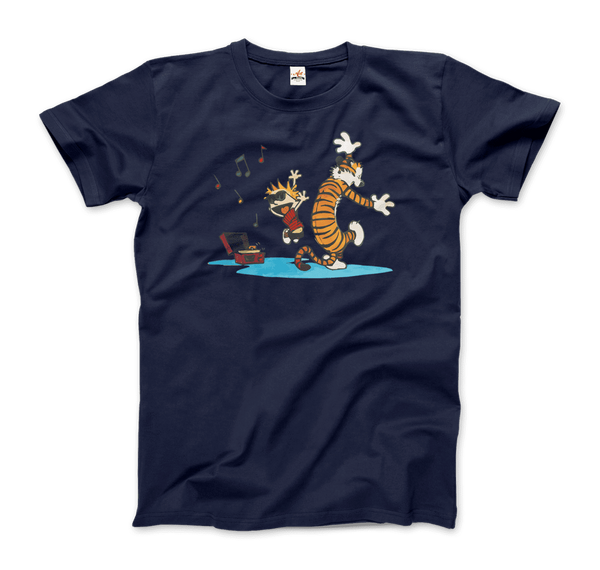 Calvin and Hobbes Dancing with Record Player T-Shirt - Men / Navy / Small by Art-O-Rama