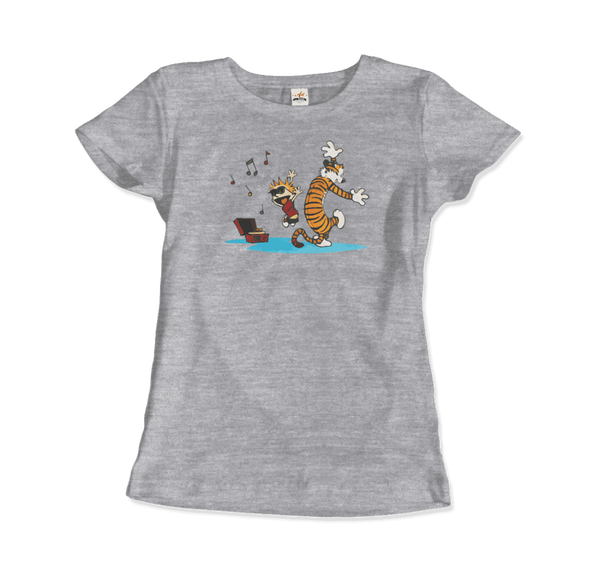 Calvin and Hobbes Dancing with Record Player T-Shirt - Women / Heather Grey / Small by Art-O-Rama
