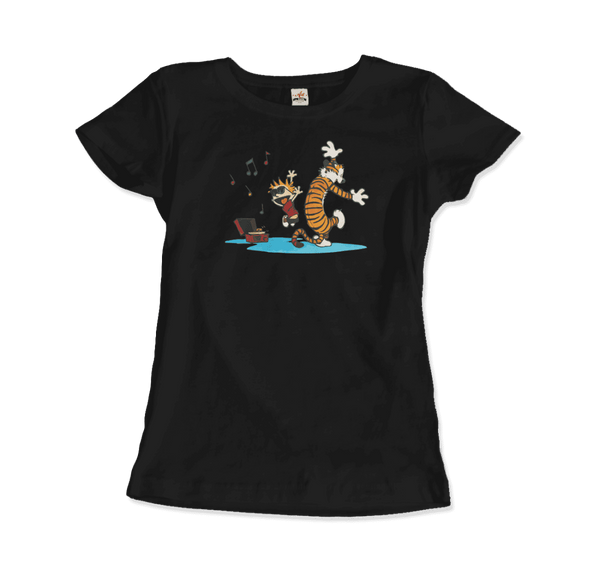 Calvin and Hobbes Dancing with Record Player T-Shirt - Women / Black / Small by Art-O-Rama