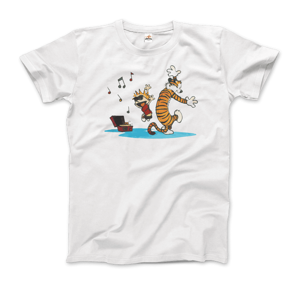 Calvin and Hobbes Dancing with Record Player T-Shirt - Men / White / Small by Art-O-Rama