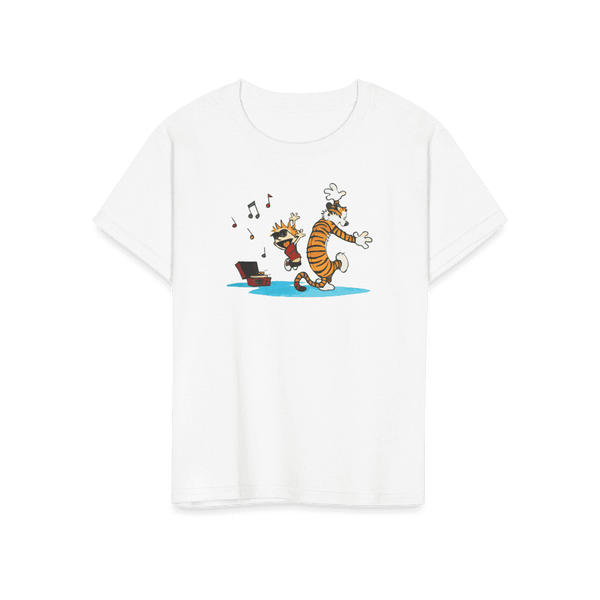 Calvin and Hobbes Dancing with Record Player T-Shirt - Youth / White / S - T-Shirt