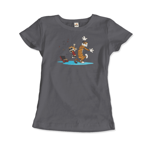 Calvin and Hobbes Dancing with Record Player T-Shirt - Women / Charcoal / Small by Art-O-Rama