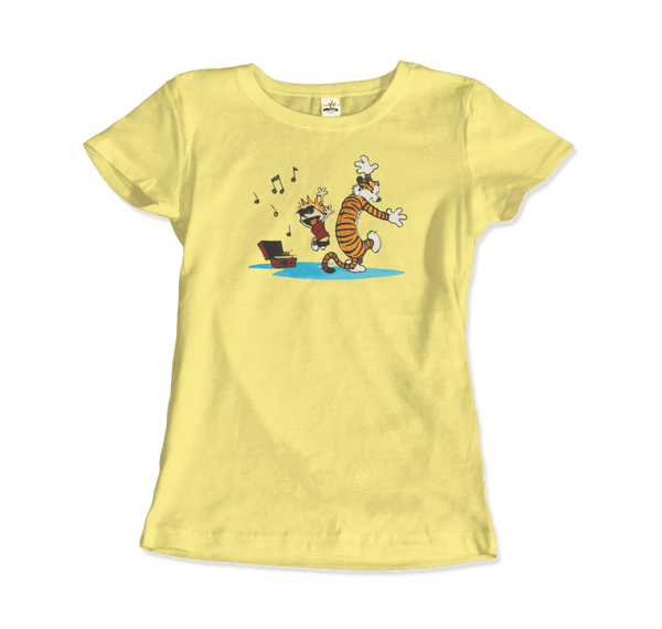 Calvin and Hobbes Dancing with Record Player T-Shirt - Women / Spring Yellow / Small by Art-O-Rama