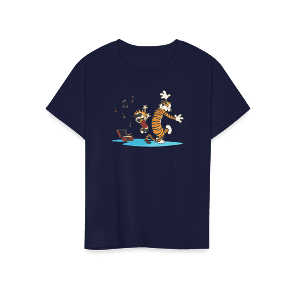 Calvin and Hobbes Dancing with Record Player T-Shirt - Youth / Navy / S - T-Shirt