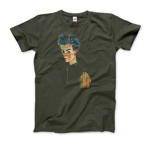 Egon Schiele Self-Portrait Art T-Shirt - Men / Military Green / Small - T-Shirt