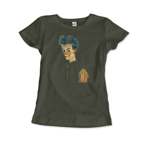 Egon Schiele Self-Portrait Art T-Shirt - Women / Military Green / Small - T-Shirt