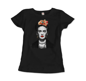 Frida Kahlo with Flowers Portrait Artwork T-shirt - Women (fitted) / Black / s - T-shirt