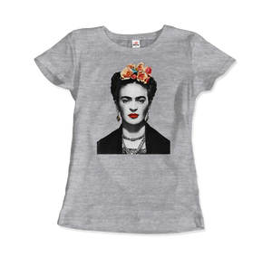 Frida Kahlo with Flowers Portrait Artwork T-shirt - Women (fitted) / Heather Grey / s - T-shirt