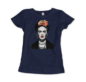 Frida Kahlo with Flowers Portrait Artwork T-shirt - Women (fitted) / Navy / s - T-shirt