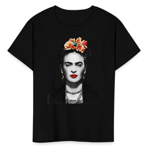 Frida Kahlo with Flowers Portrait Artwork T-shirt - Youth / Black / s - T-shirt