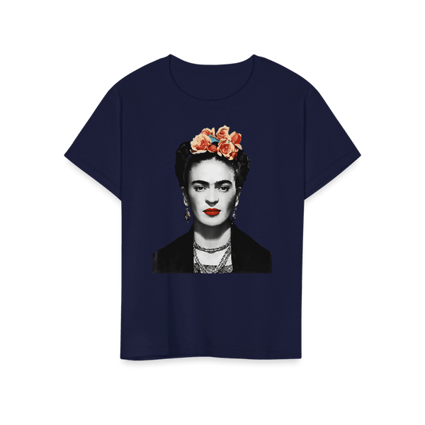Frida Kahlo With Flowers Poster Artwork T-Shirt - Youth / Navy / S - T-Shirt