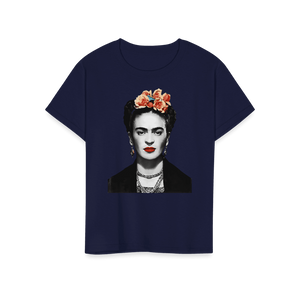 Frida Kahlo With Flowers Poster Artwork T-Shirt - Youth / Navy / S - T-Shirt