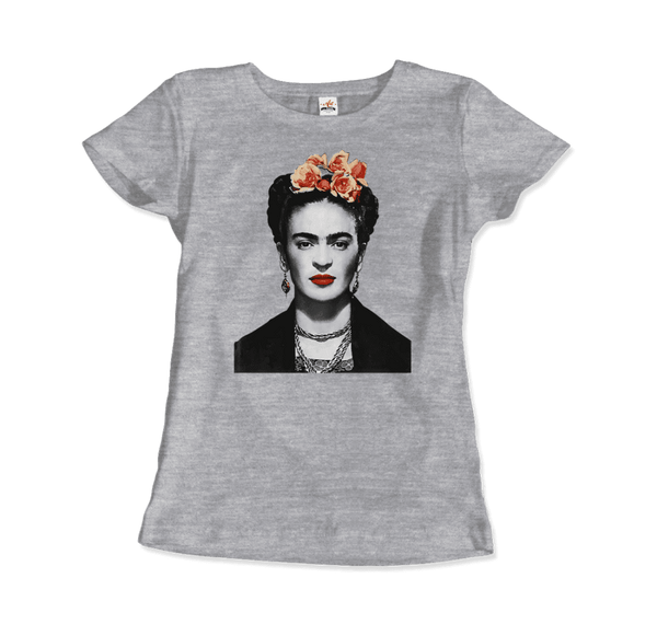 Frida Kahlo With Flowers Poster Artwork T-Shirt - Women / Heather Grey / Small by Art-O-Rama