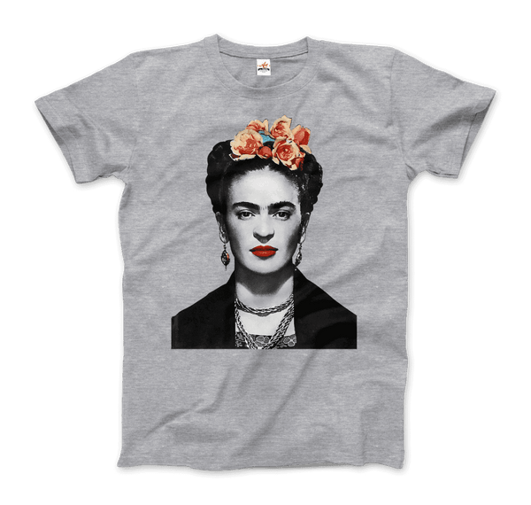 Frida Kahlo With Flowers Poster Artwork T-Shirt - Men / Heather Grey / Small by Art-O-Rama