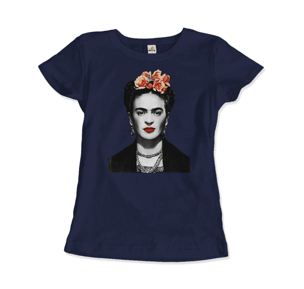 Frida Kahlo With Flowers Poster Artwork T-Shirt - Women / Navy / Small by Art-O-Rama