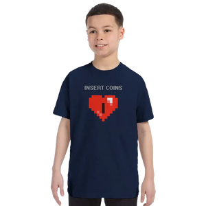 Insert Coins 8-BIT Heart T-Shirt - Youth / Navy / S - T-Shirt