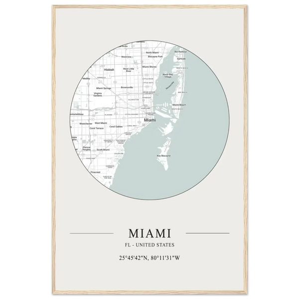 Miami Florida United States - Minimalist Map Poster - Matte / 24 x 36″ (60 x 90cm) / Wood - Poster