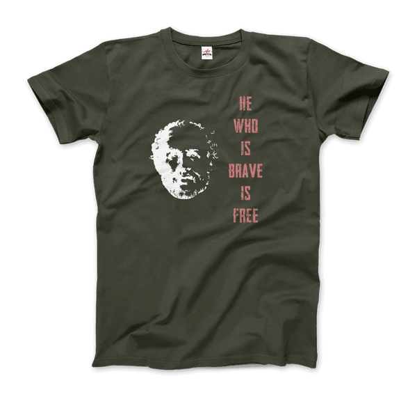 Seneca Famous Stoic Quote- He Who is Brave is Free - T-Shirt - Men / Military Green / S - T-Shirt