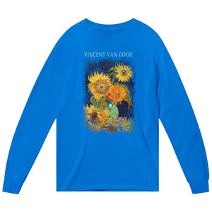 Van Gogh Five Sunflowers 1888 Artwork Long Sleeve Shirt - Royal Blue / Small - Long Sleeve Shirt