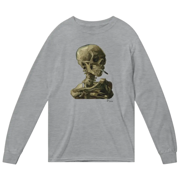 Van Gogh Skull of a Skeleton with Burning Cigarette 1886 Long Sleeve Shirt - Heather Grey / Small - Long Sleeve Shirt